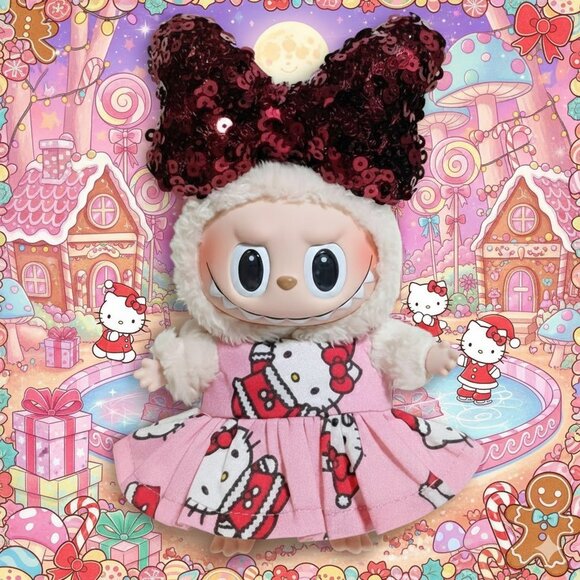 Holiday Christmas Hello Kitty Handmade Dress and Sequin Bow Outfit to fit Labubu - Picture 1 of 7